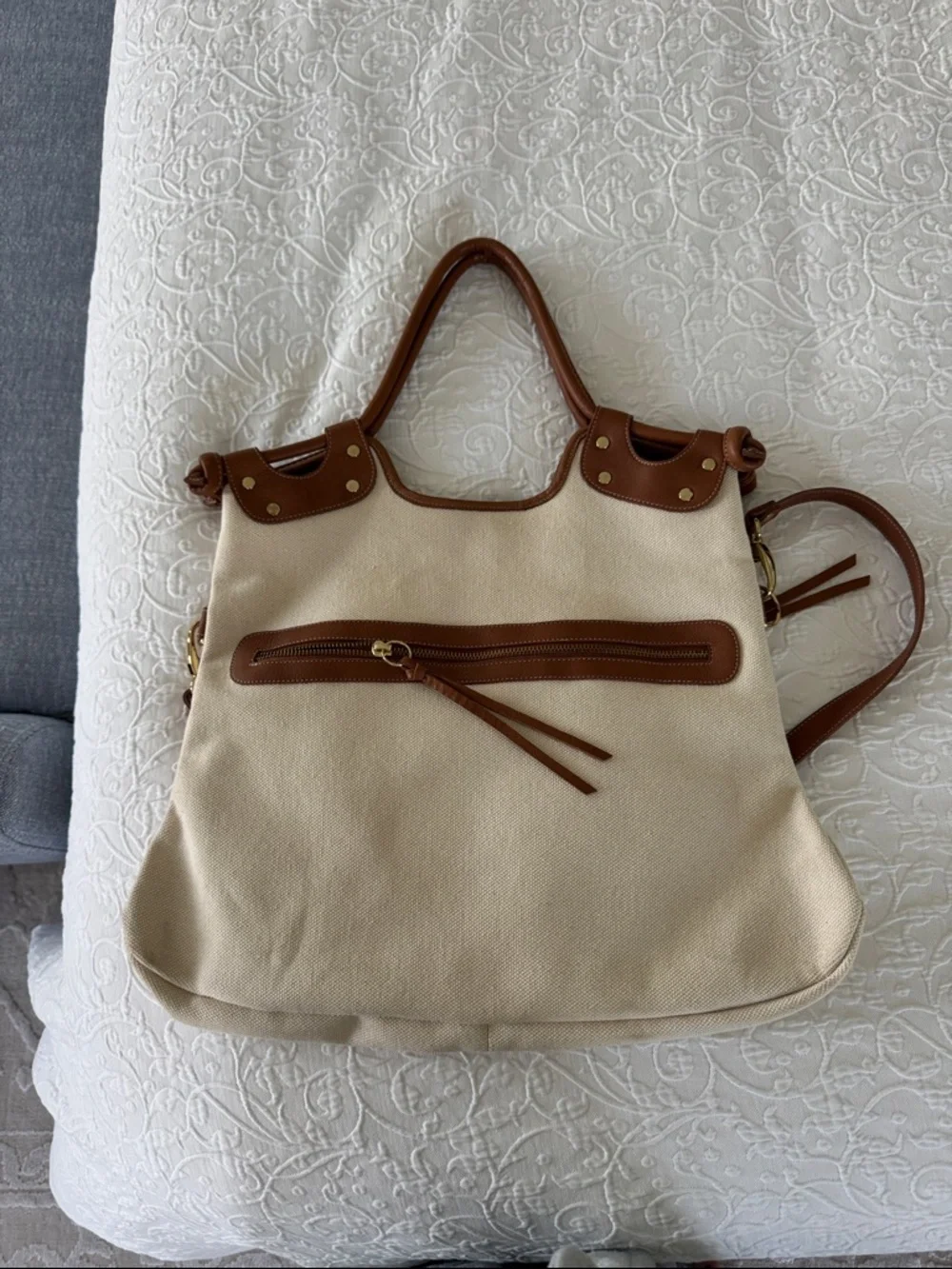 Pietro Alessandro Cream Canvas Tote with Brown Leather Trim - Picture 4 of 6